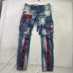 Preme Paisley Blue Red Denim Jeans Men's Waist 30" x 32" Inseam